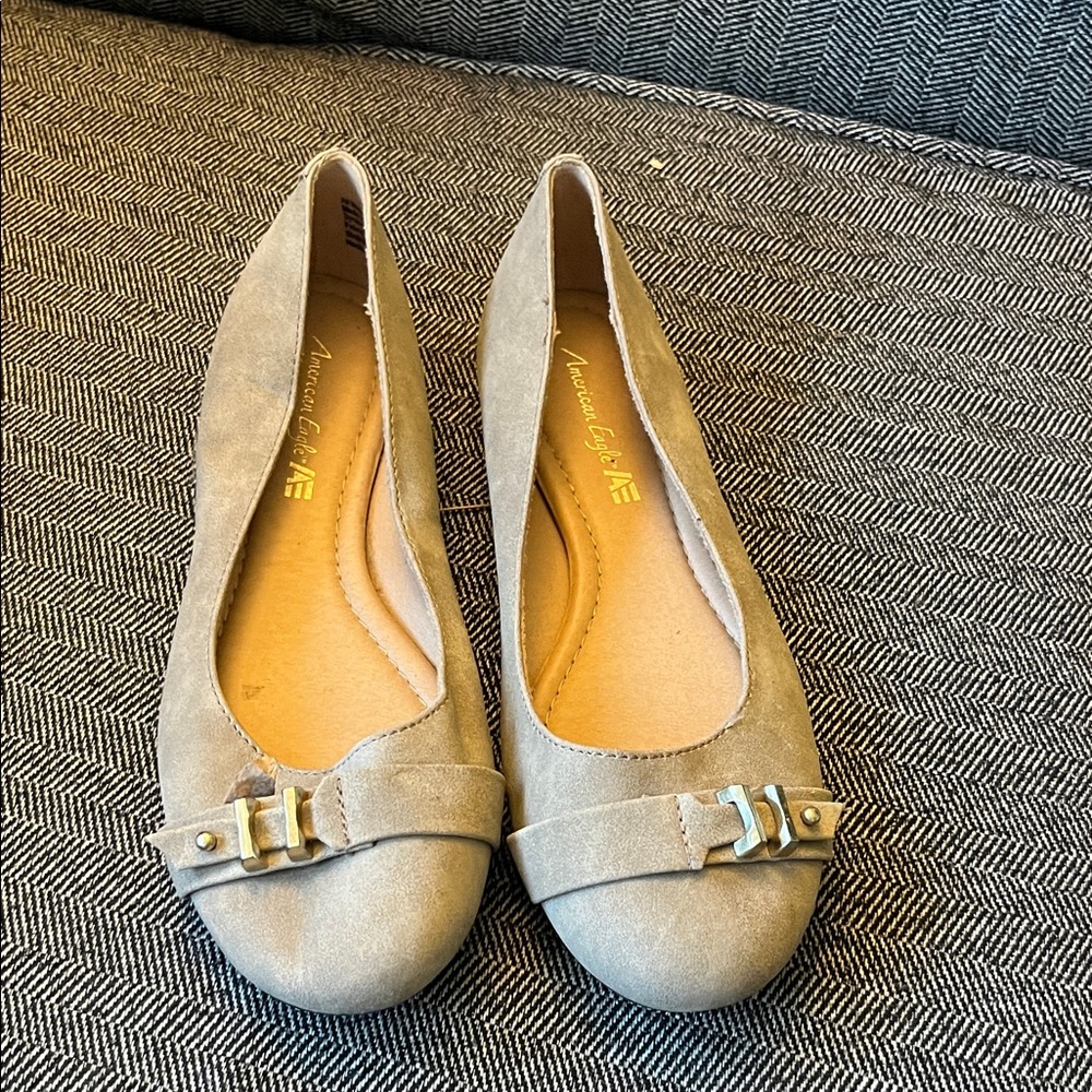 American Eagle Outfitters Taupe Suede Ballet Flats with Decorative Buckle